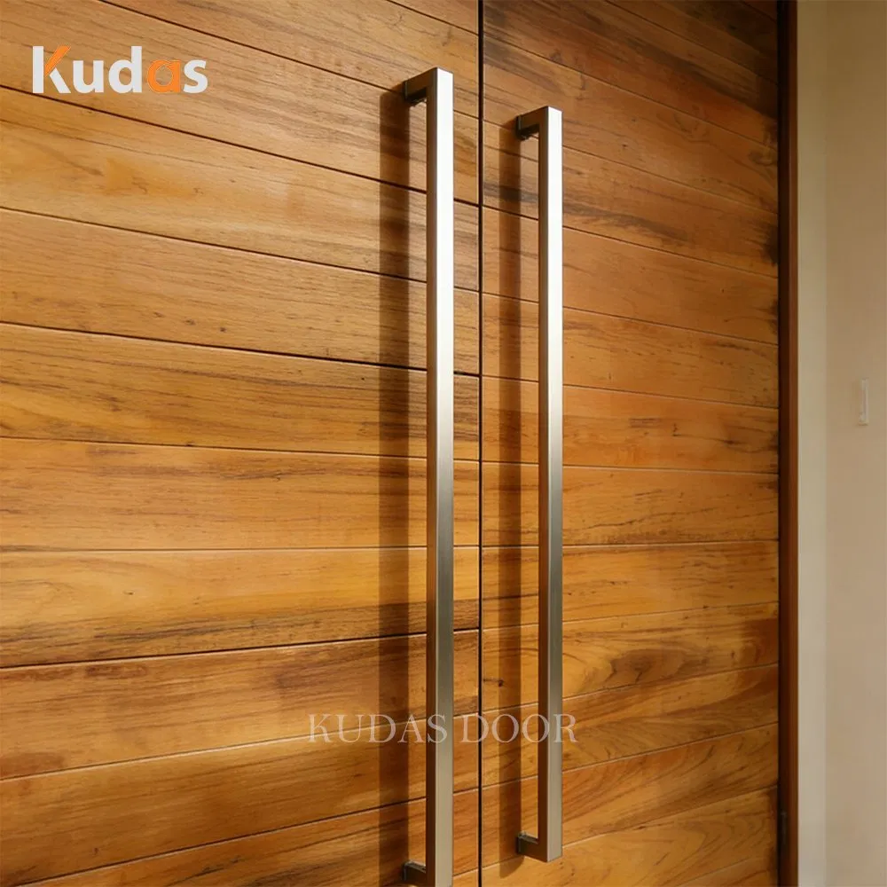 Natural Teak Solid Wood Exterior Swing Entrance Pivot Front Wooden Double Doors