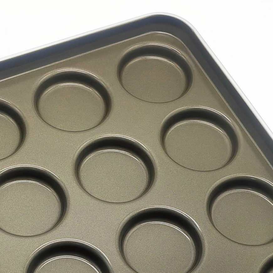 Standard 3.75" Inch 24 Cup PFA Deep Drawn Hamburger Bun Pan with 738X503mm Overal Size Band in Rim Durable Baking Tray Made in China