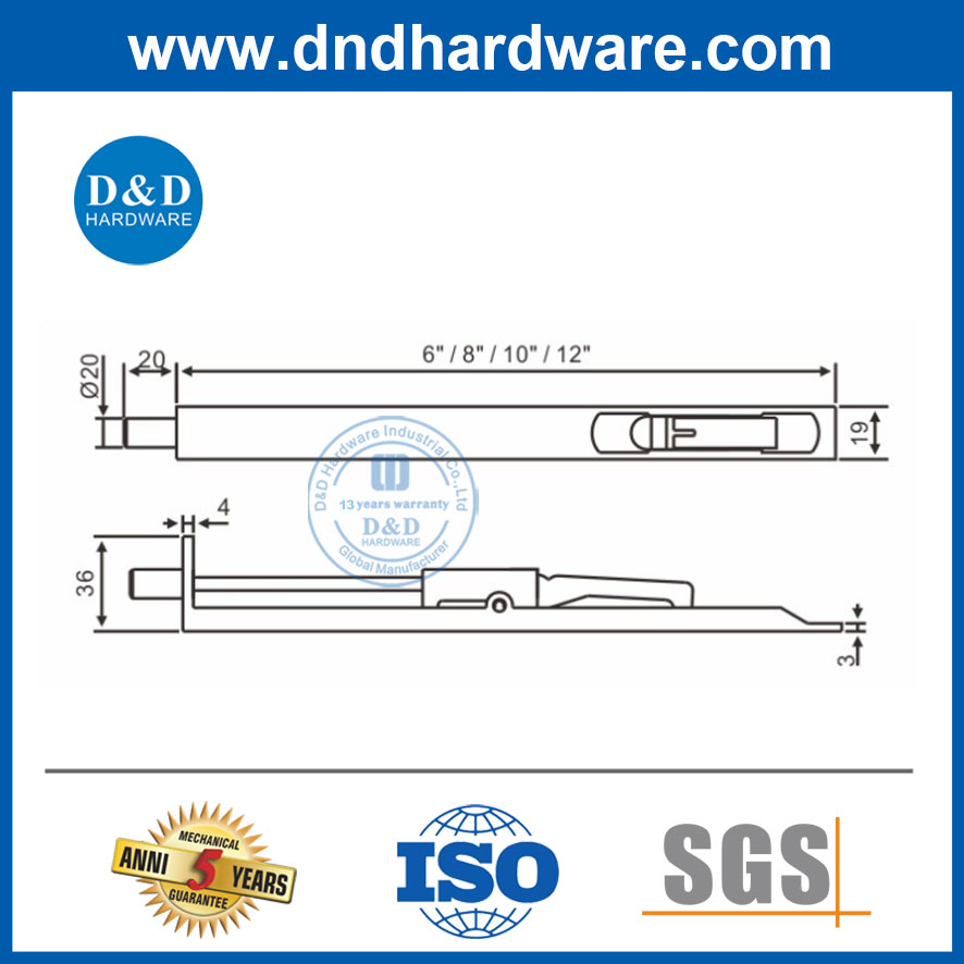 Wooden Door Hardware Satin Stainless Steel Door Flush Bolt Latch