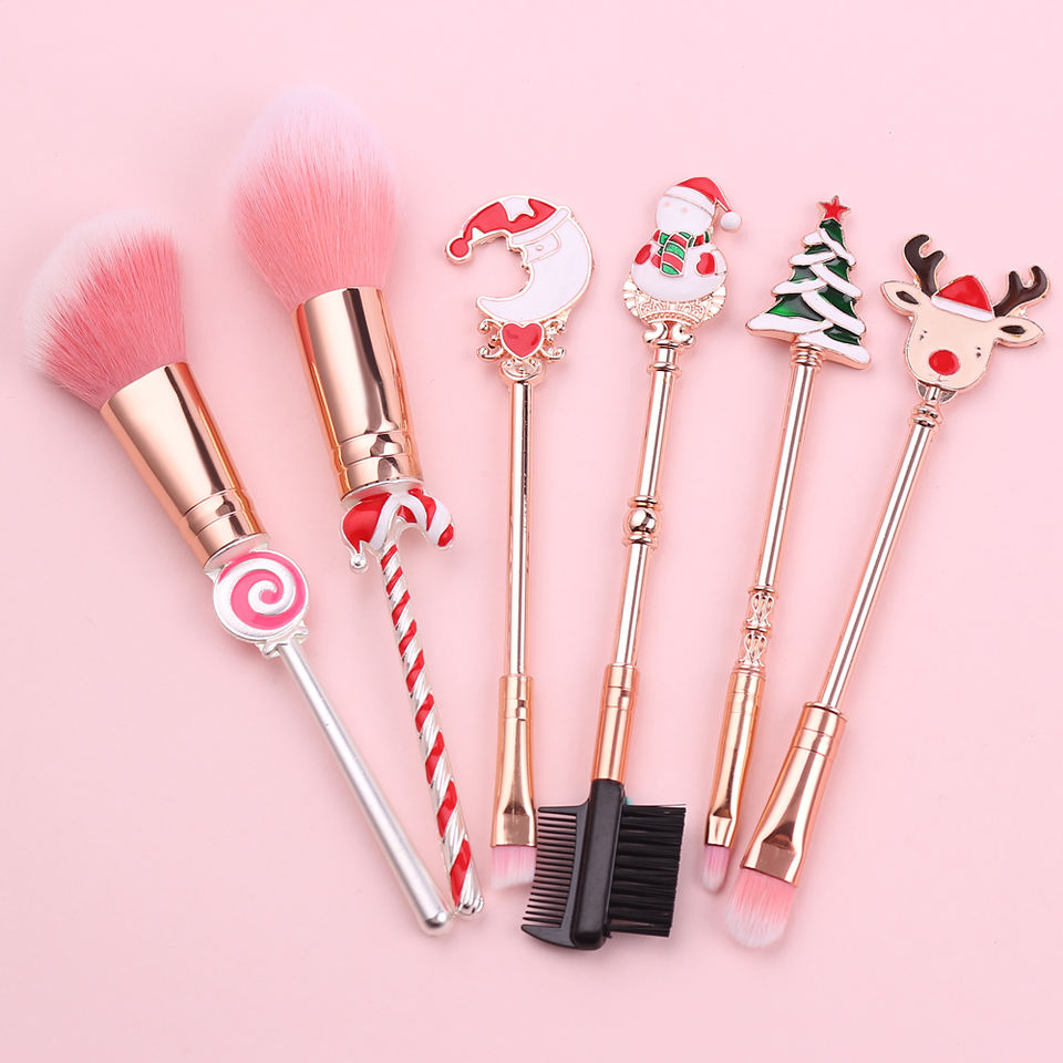 Christmas Makeup Brush Set 6 PCS Gold Festive Design Cruelty-Free Synthetic Multi-Functional Face Eye Gift Box
