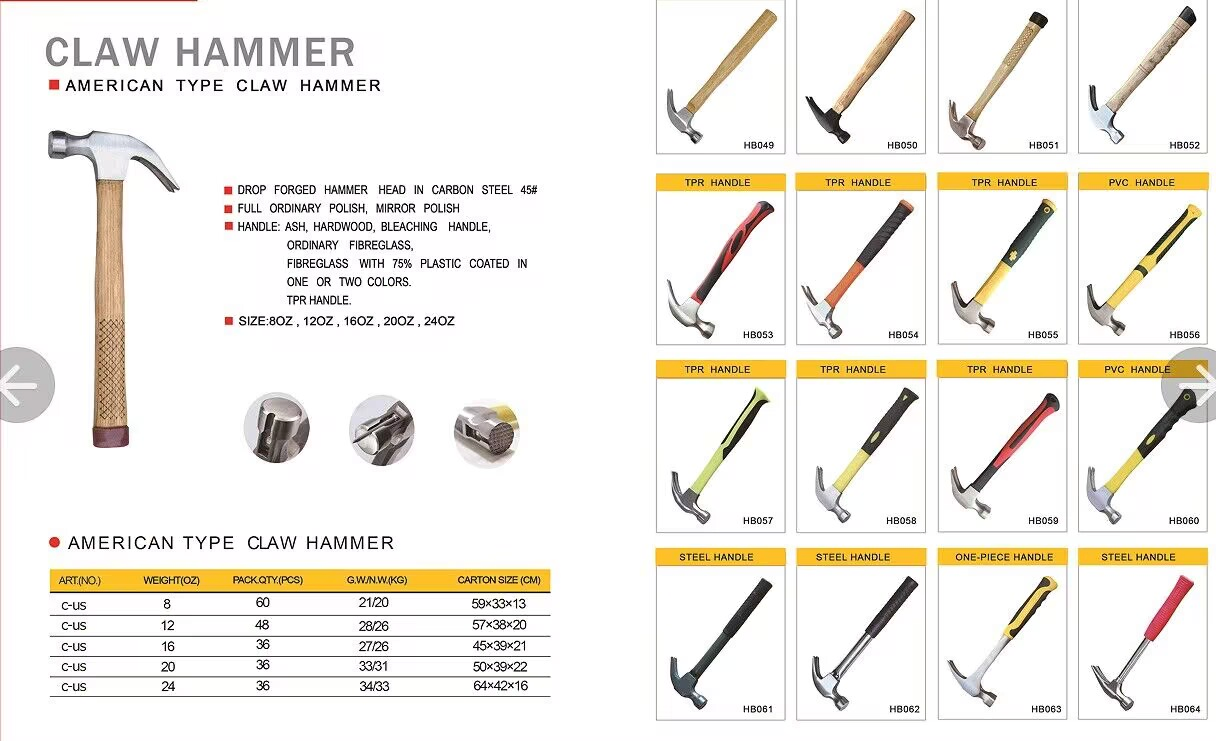 Drop Forged #45 Carbon Steel Mirror Polished Claw Hammer Fiber Glass Handle