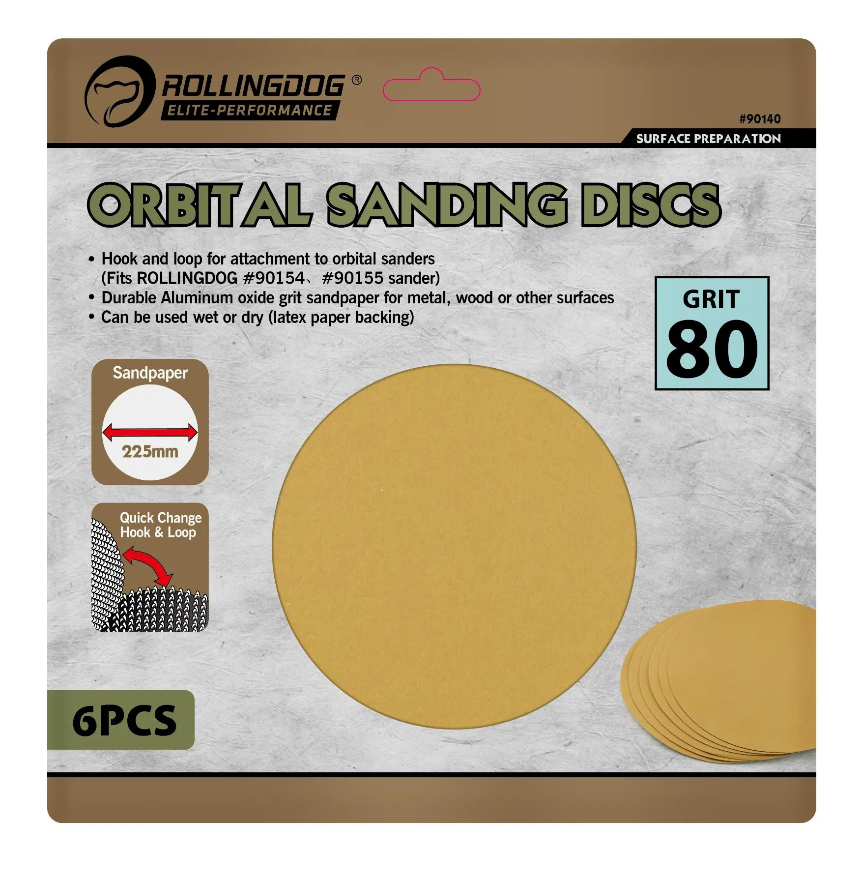 Rolingdog-Elite 90140 Orbital Sanding Discs (6PCS) 80 Grit