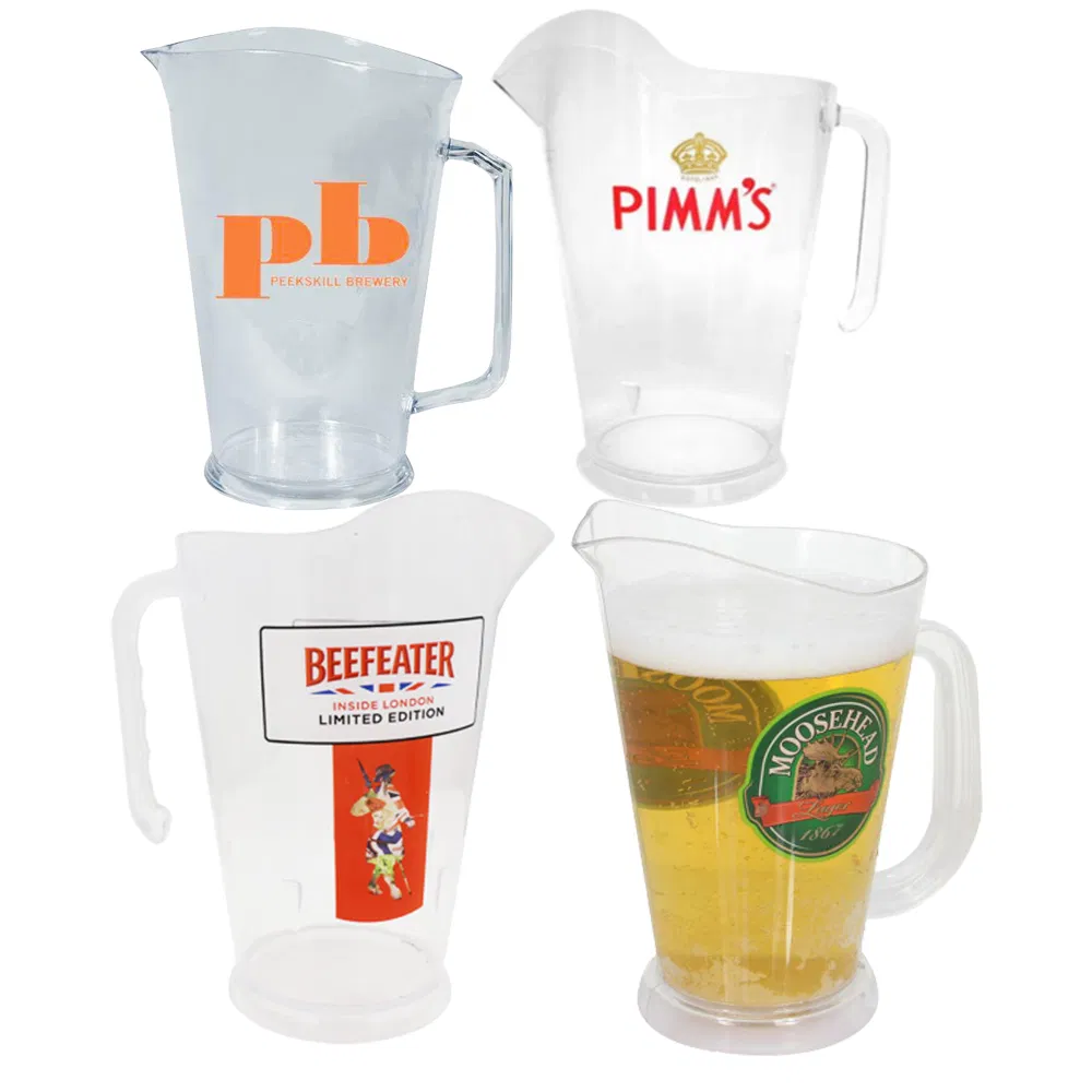 1000ml 1200ml 1800ml Plastic Beer Jug Pitcher Bar / Restaurant Beer Jug with Handle and Customized Printed Logo for Molson Canadian Lagunitas Miller