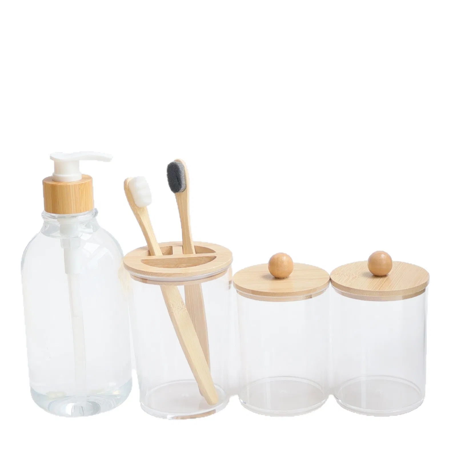 Transparent Bamboo-Lid Hand Sanitizer Bottle and Toothbrush Cup