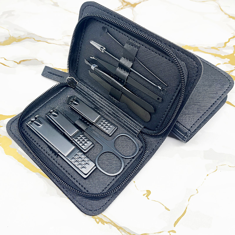 SSS 9-Piece Black Nail Tools Zipper Leather Set Eyebrow Clip