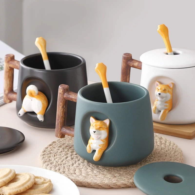 Creative Ceramic Personality Cute Mug with Lid Spoon Coffee Cup Shiba Inu Cup Gift