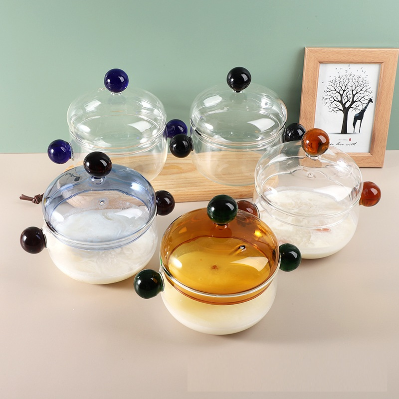 Custom Glass Bowl with Colorful Glass Lid for Cooking Instant Noodles