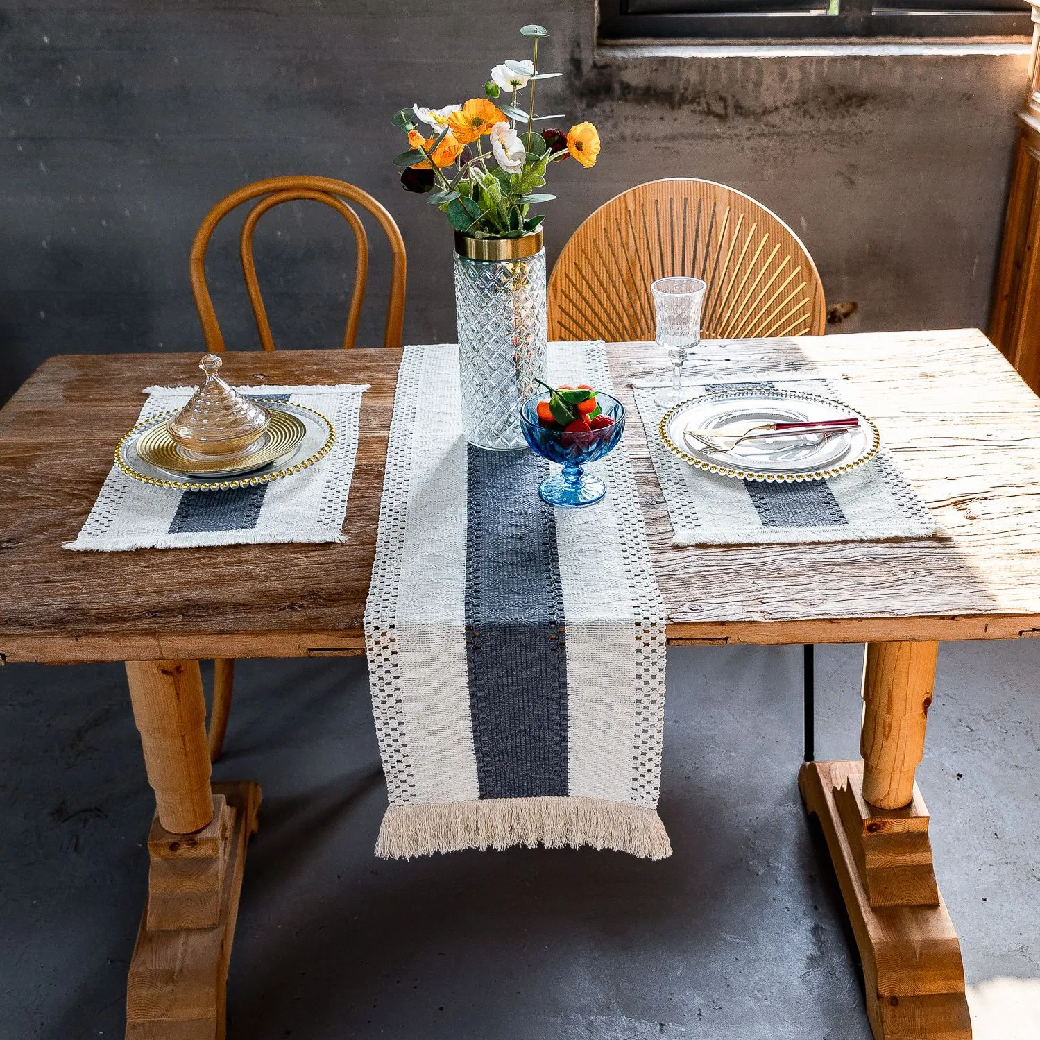 Double Thickness Rustic Embroidered Washable Individual Placemats and Table Runner for Home Restaurant