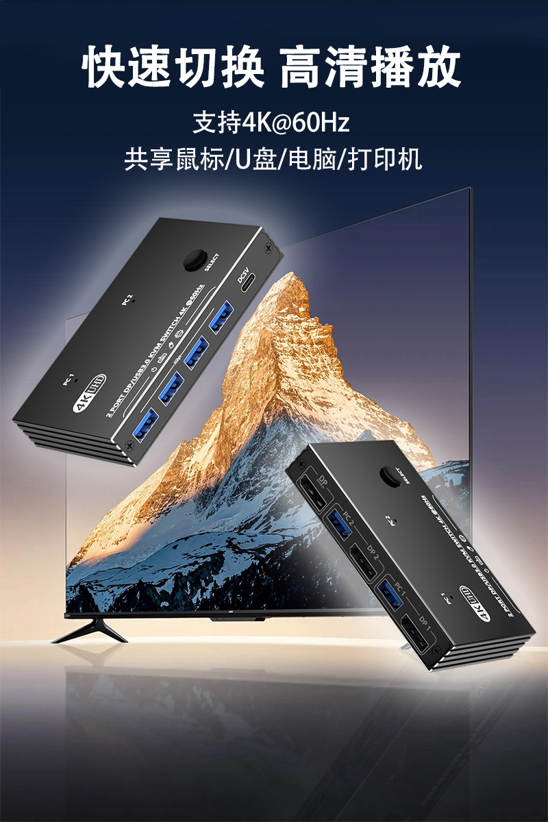KVM-переключатель EL-K601 2 порта DP/USB 3.0, 4K@60Гц