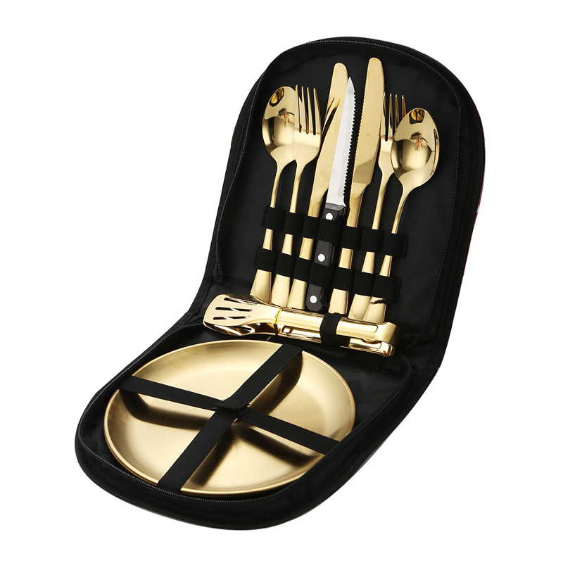 11PCS Stainless Steel Outdoor Cutlery Set Camping Picnic Knife Fork Spoon Plate Set