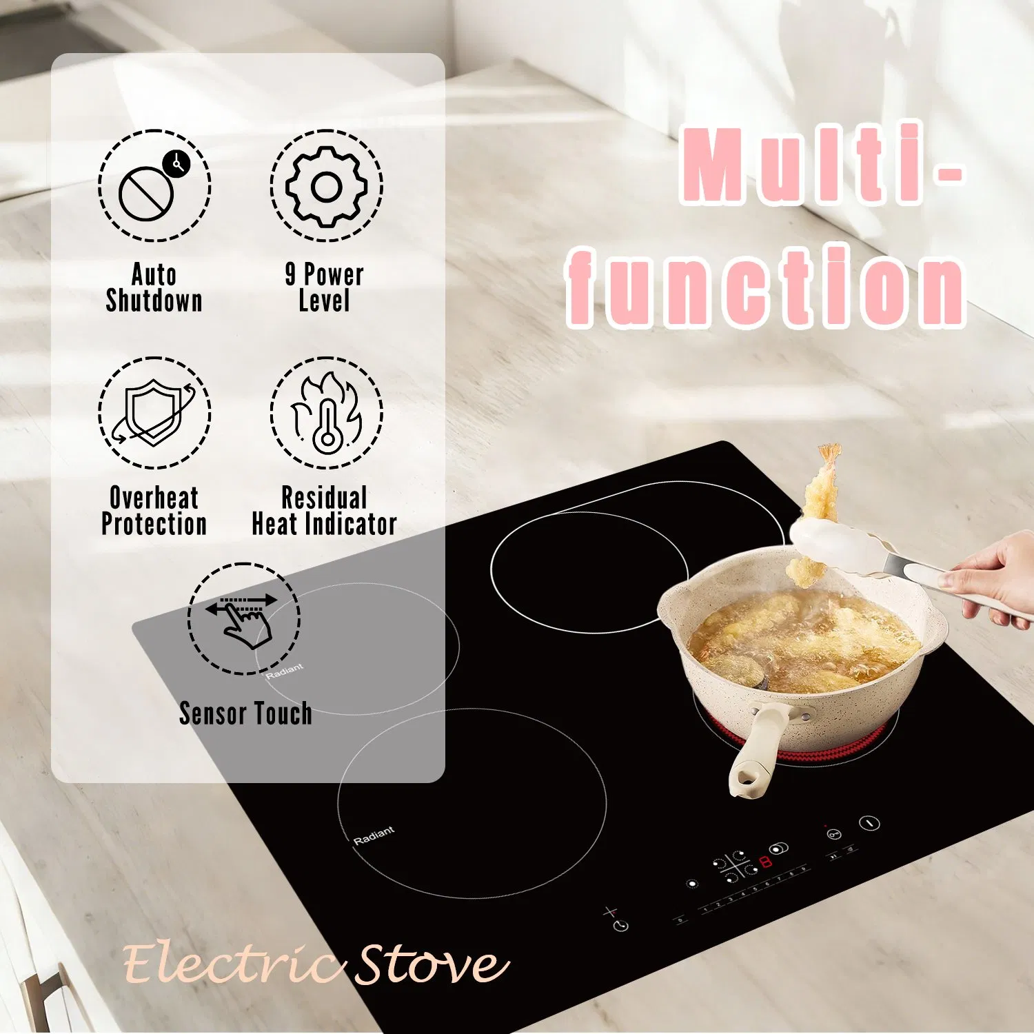 24 Inch Electric Cooktop 4 Burners, Drop-in Ceramic Cooktop, 6000W Radiant Electric Stove Top Burner with Touch Control, Safety Lock