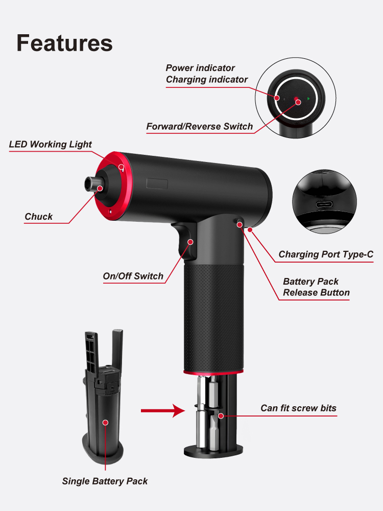 KCS636 4V Electric Cordless Screwdriver in Separate Battery Pack with LED Light Type-C Charging