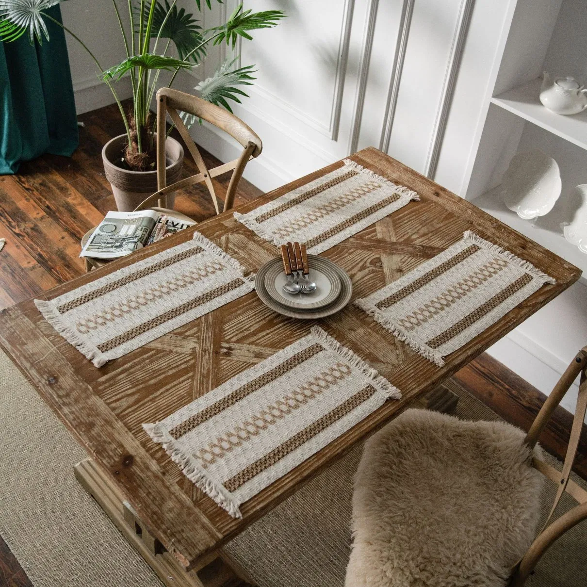 Xinlan Handwoven Jute Table Mats Striped Pattern with Tassels Holiday Dinner Placemats Eco Friendly Kitchen Accessories