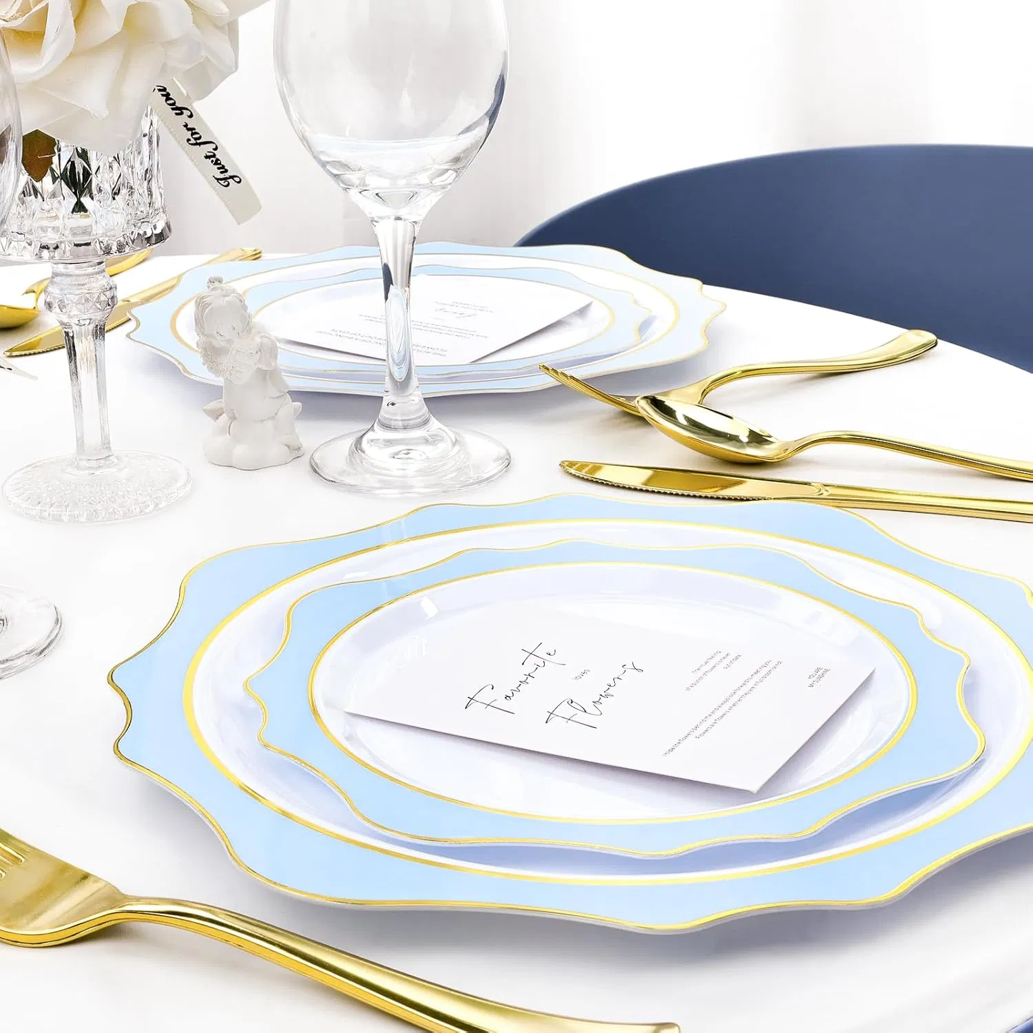 White and Blue Disposable Plates Scalloped Flowers Plastic Plates