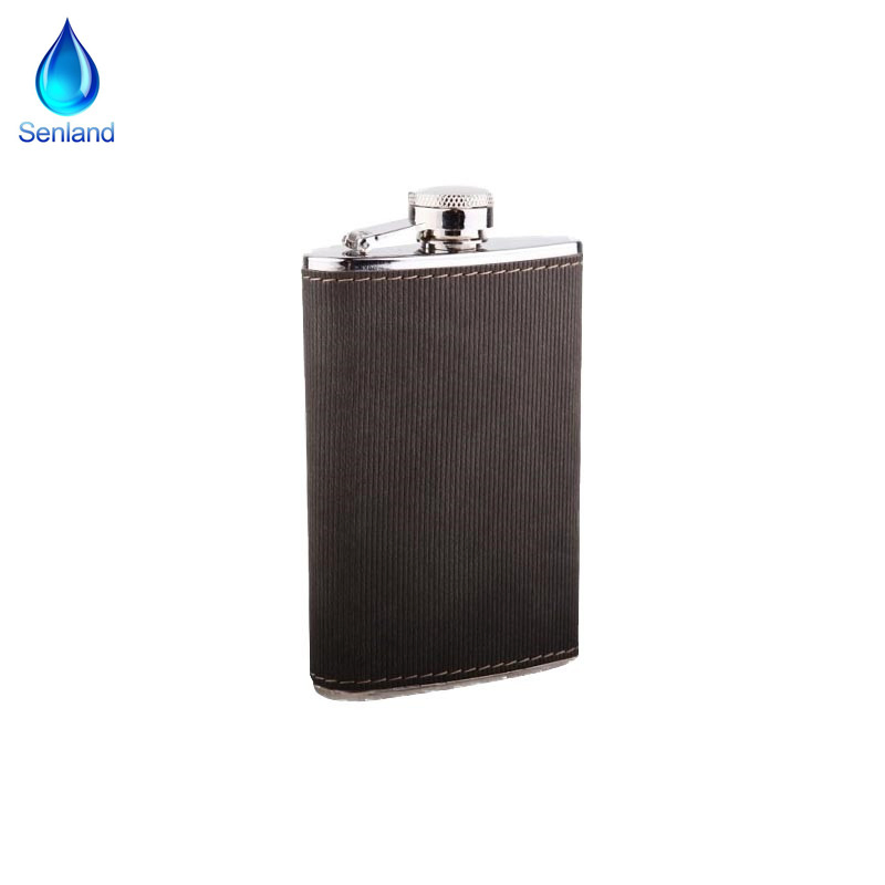 Pocket Hip Flask 8 Oz with Funnel - 18/8 Stainless Steel with Black Leather Wrapped Cover