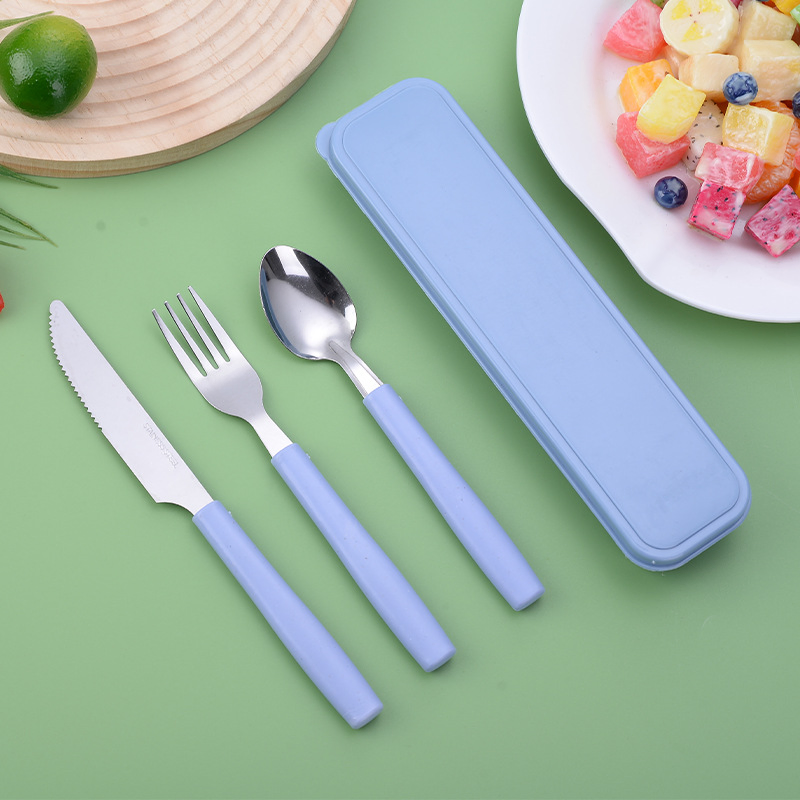 Portable 3-Piece Stainless Steel Cutlery Set Knife, Fork and Spoon with Plastic Handle