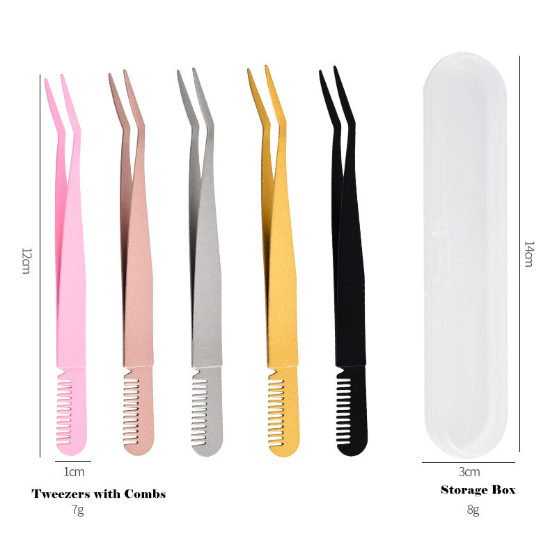 Slanted Tip Stainless Steel Eyebrow Shaping Lash Eyelash Extension Tweezers with Comb