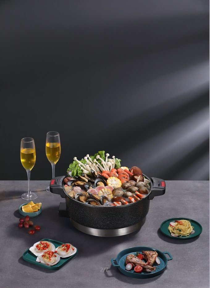 Multi-Function Electric Hot Pot Double Handle Non-Stick Pot with Steamer 32cm