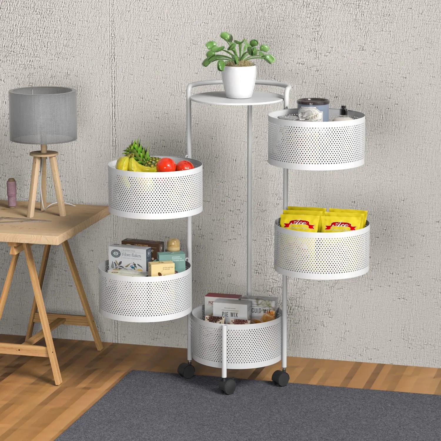 5-Tier White Rotating Storage Rack for Kitchen and Bathroom Organization