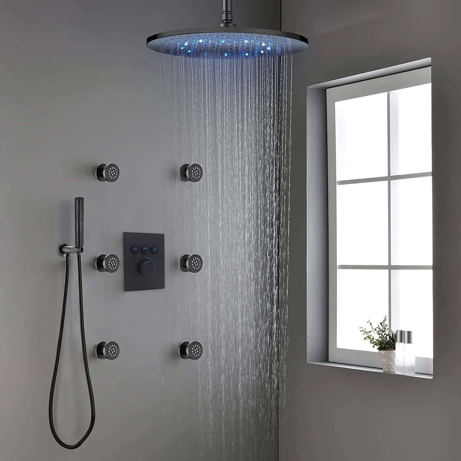 Luxury 12 Inch LED Round Concealed Shower System, Ceiling Rain Shower Faucet Fixture Set, Shower Head and Handheld with 6 Full Body Spray Jets (Matte Black)