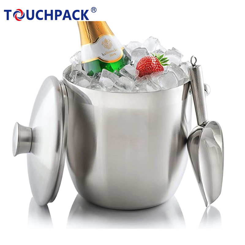 Bar Counter Double Wall Insulated Metal Stainless Steel Wine Ice Bucket with Lid and Ice Tong