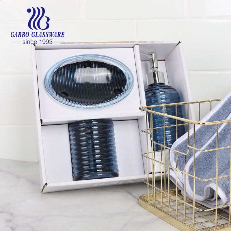 Pump Bottle Dispenser Glass Soap Dish Blush Tumbler Blue Glass Bathroom Accessories Set