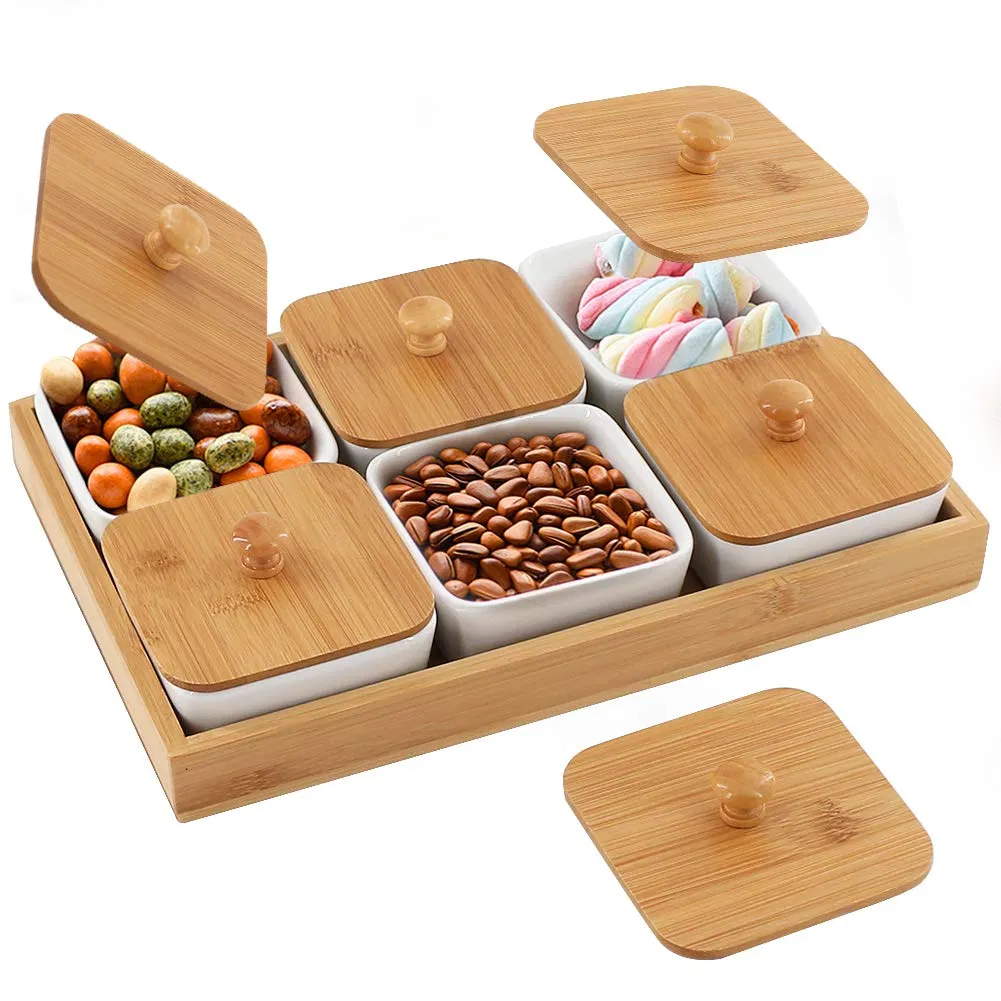 Bamboo Snack Storage Tray Creative Multi Grid Fruit Dessert Plates Multifunction Mini Ceramic Foods Classify Snack Dishes