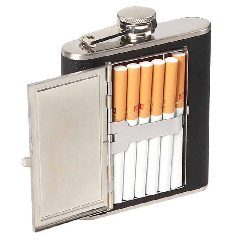 Creative Stainless Steel Drink Bottle Wine Pot Hip Flask with Cigarette Case