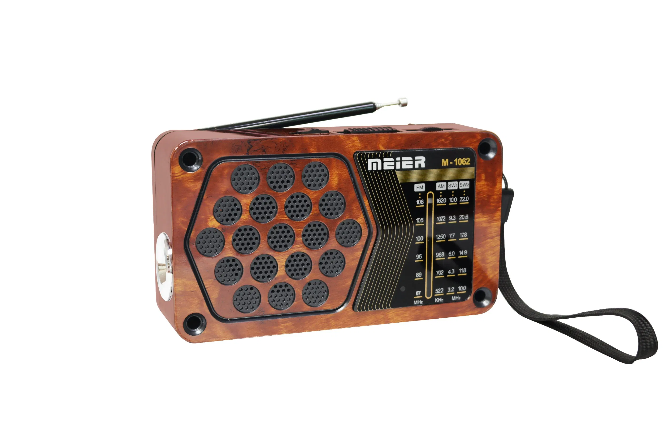 Mini FM/Am Radio Portable 3-Band Am FM Sw Radio, LED Flashlight, Rechargeable Speakers Bluetooth Retro Design Meier M-1062