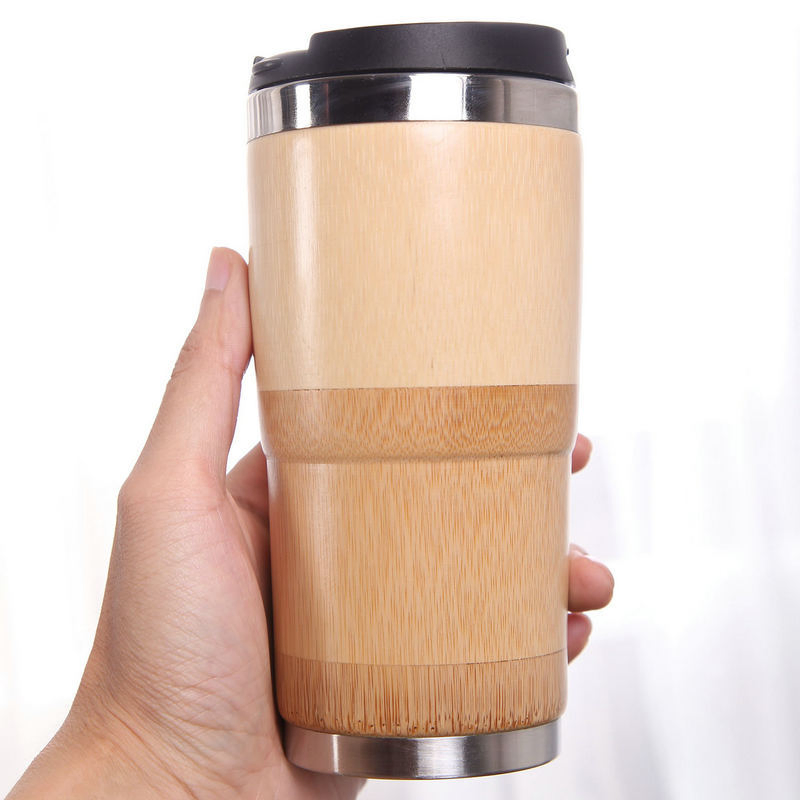14oz V Shaped Double Skin Wall Insulated Tea Travel Mug Stainless Steel Eco Coffee Leakproof Bamboo Travel Mug