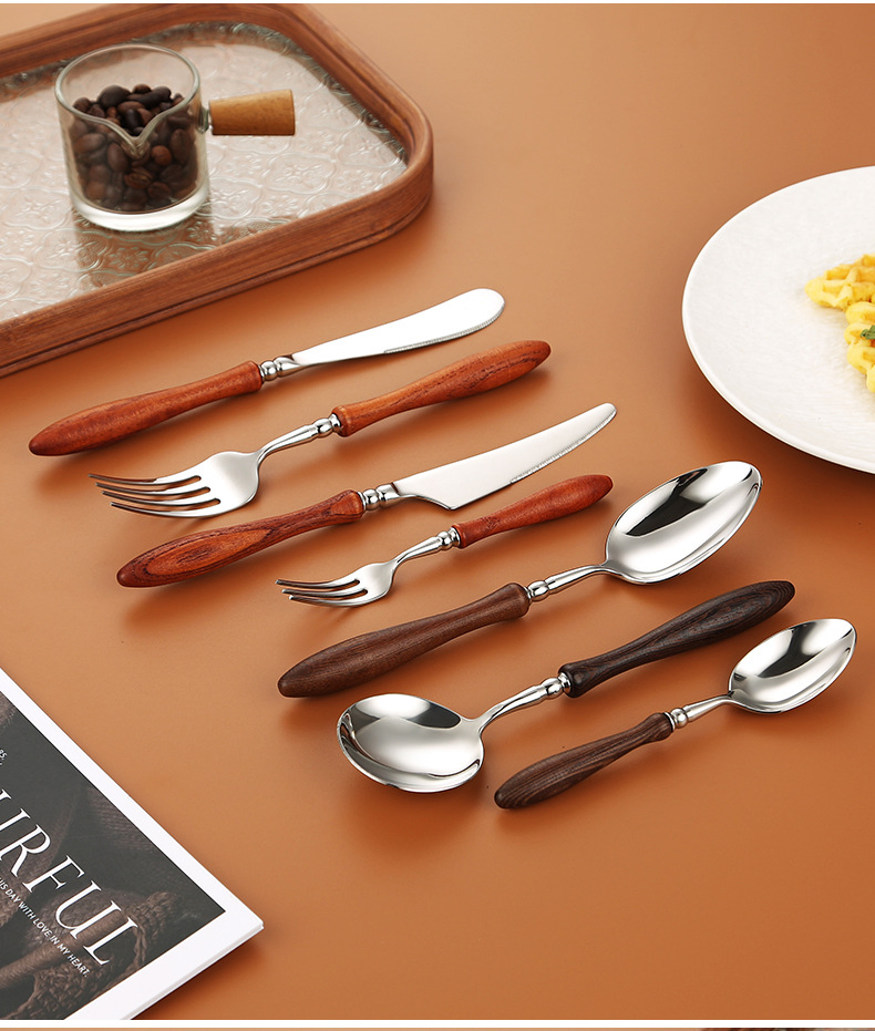 Round Handle 304 Stainless Steel Walnut Knife, Fork and Spoon. Hotel Restaurant Rosewood Western Cutlery, Dessert Spoon and Tableware.