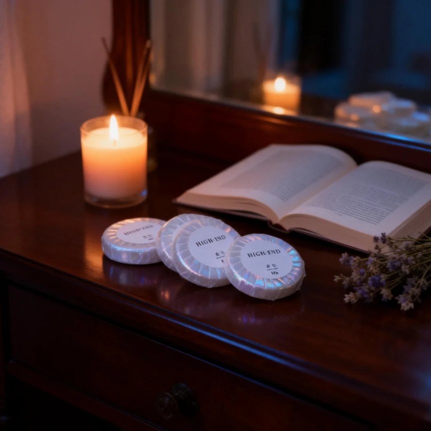 15g Round Hotel Guest Soap in Pearlescent Film with Custom Label