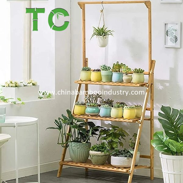 Wholesale 3-Tier Foldable Bamboo Hanging Plant Stand Flower Pot Organizer Storage Rack Display Rack Flower Stand Rack