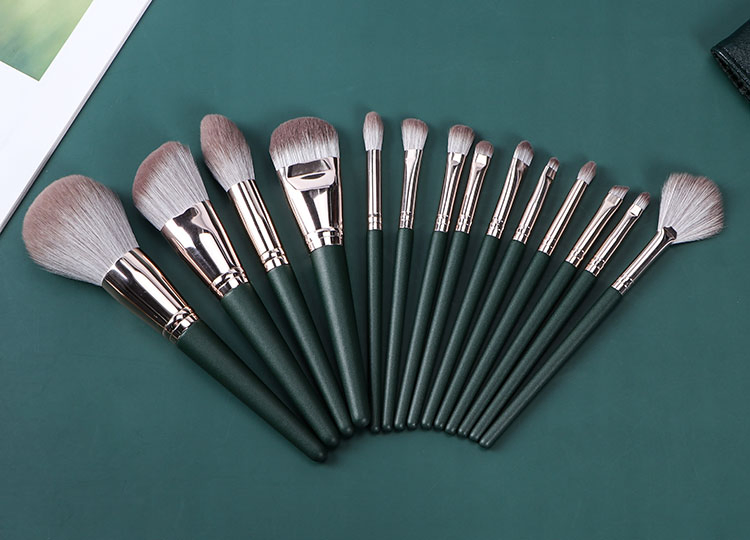 OEM Professional Makeup Brush Set 14PCS Dark Green Vegan Eyeshadow Brush Foundation Brush Cosmetics Brush Set