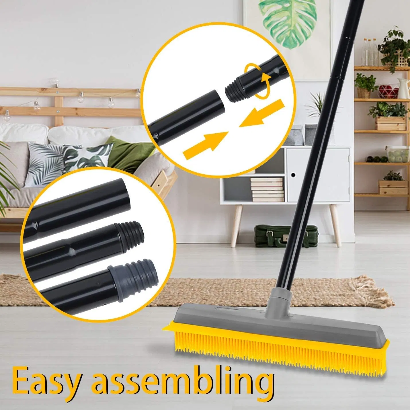 Long Push Rubber Broom Bristles Sweeper Squeegee Scratch Free Bristle Broom for Pet Cat Dog Hair Carpet Hardwood Windows Clean