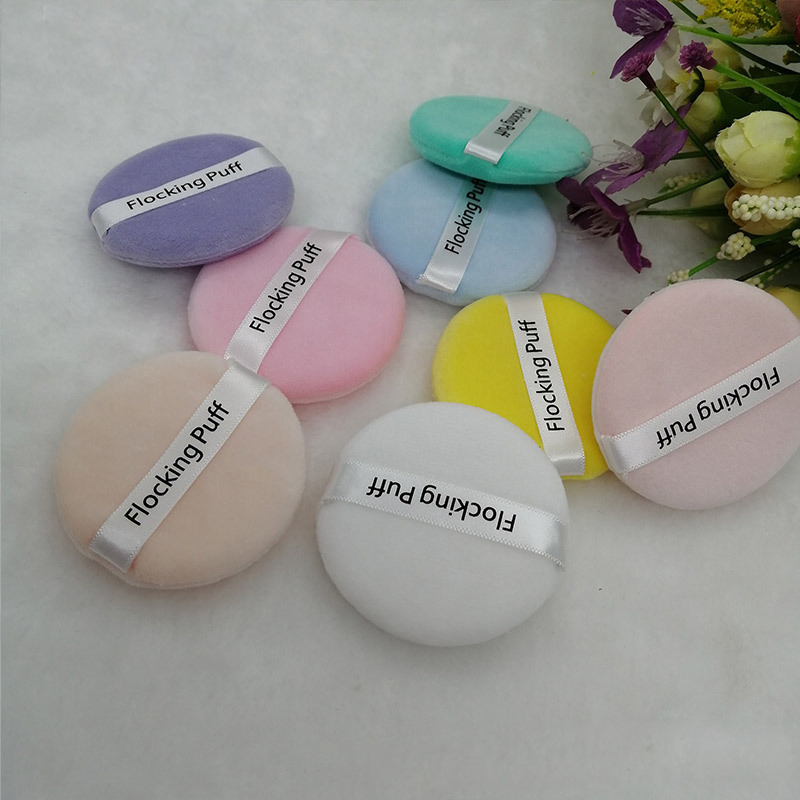 Factory Supplier Velvet Cotton Powder Puff Round Ribbon Flutter Air Cushion Sponge Makeup Velvet Flocked Sponge Puff