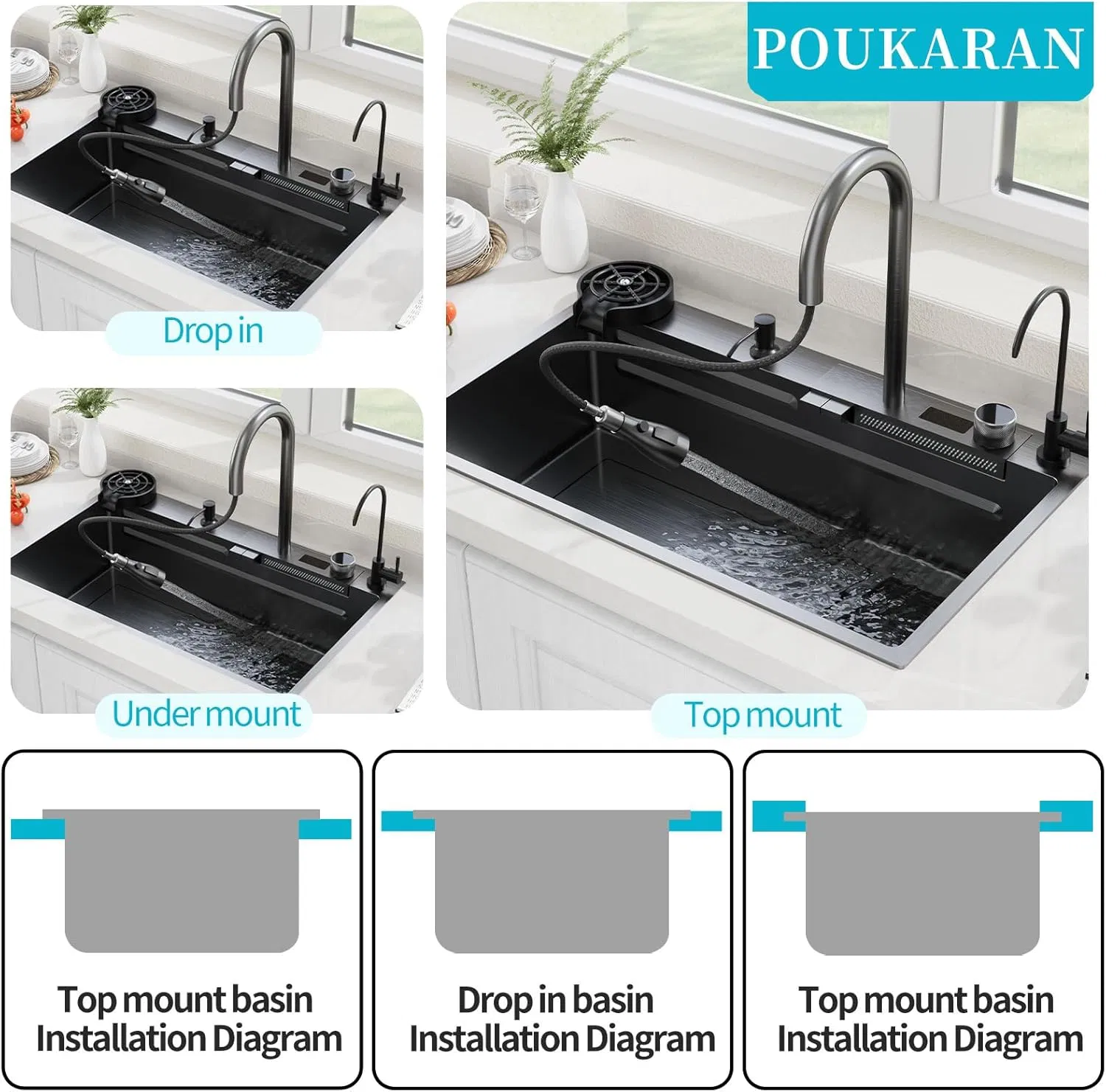 Shark Waterfall Two Button Dual Function Faucet Stainless Steel Handmade Kitchen Sink