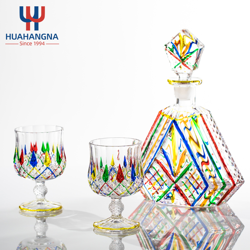 Luxury 7PCS Classic Style Wine Glass Decanter with Glass Cups Set Rainbow Color Whisky Glass Decanter Sets for Drinking
