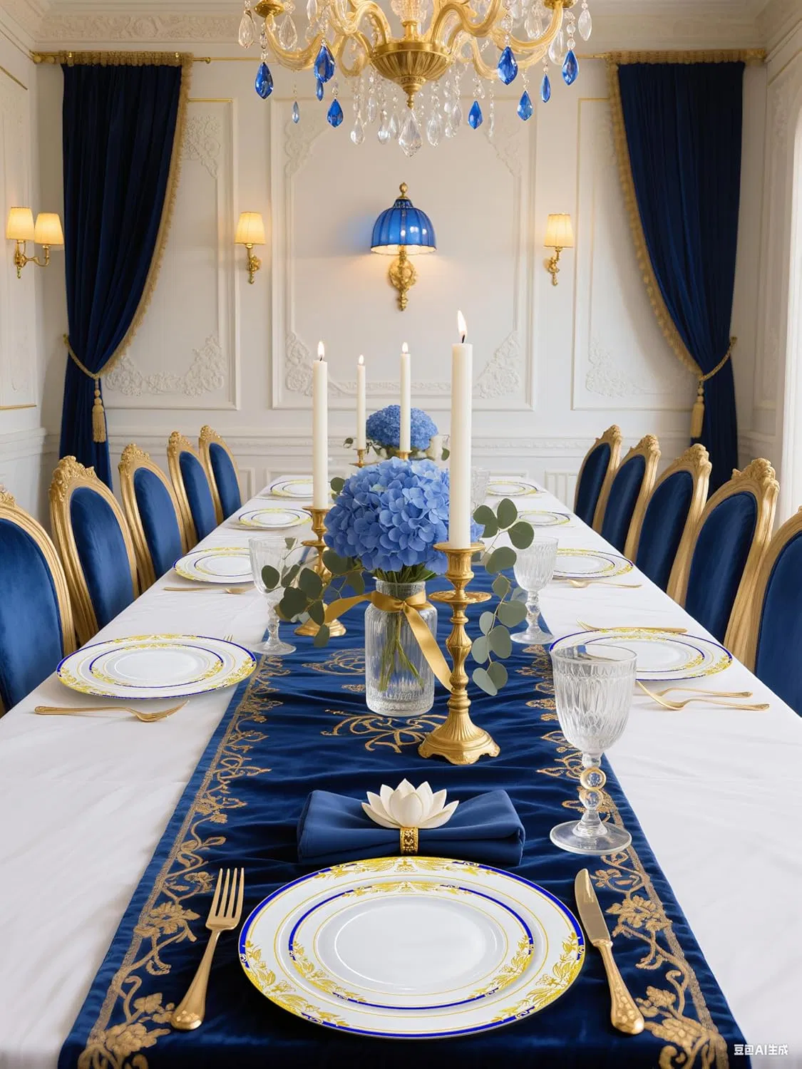 Disposable Plastic Plates 9inch Elegant Fancy Plastic Wedding Plates with Blue & Gold Rimmed Heavy Duty Party Dinner Plates