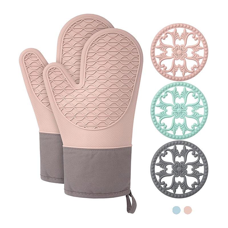 Silicone Oven Mitts and Pot Holders 5-Piece Waterproof for Cooking Baking BBQ,