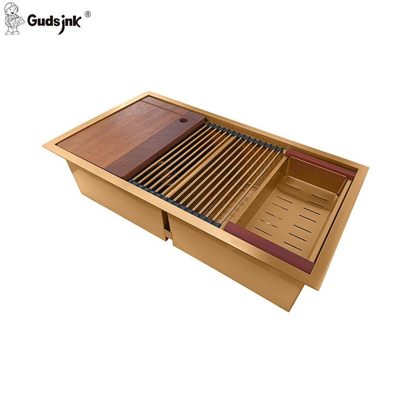 Premium Gold 304 Stainless Steel Double Bowl Kitchen Sink with Integrated Workstation