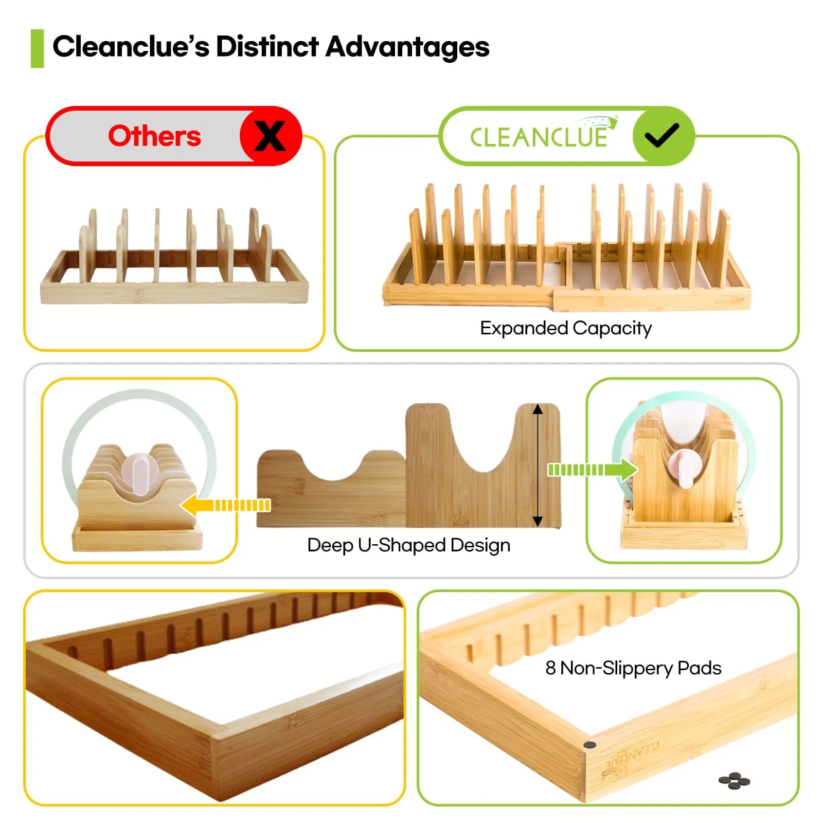 Pots and Pans Organizer Under Cabinet, Bamboo Expandable Bakeware and Cutting Board Organizers, Adjustable Pot Lids Holder Rack, Pan, Tray Rack