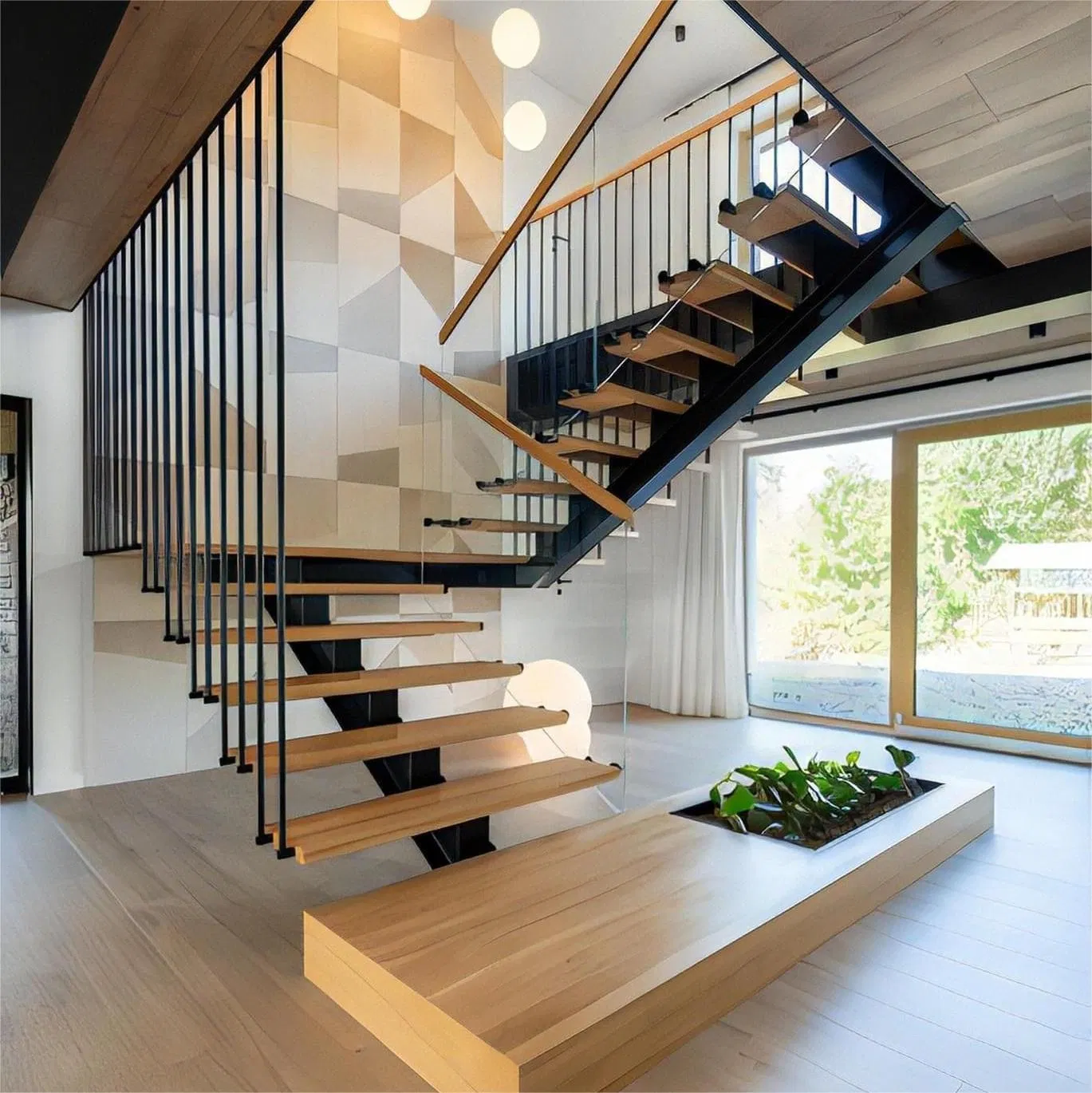 Custom Modern Indoor for House Durable Metal Wood Tempered Glass Railing Minimalist Mono Stringer Staircase for Loft Duplex