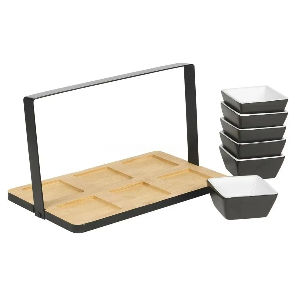 7 PCS Wooden Appetizer Serving Snacks Dips Platter Tray Set with Metal Holder Kids Olives, Nuts Dips, Snacks Serving Tray