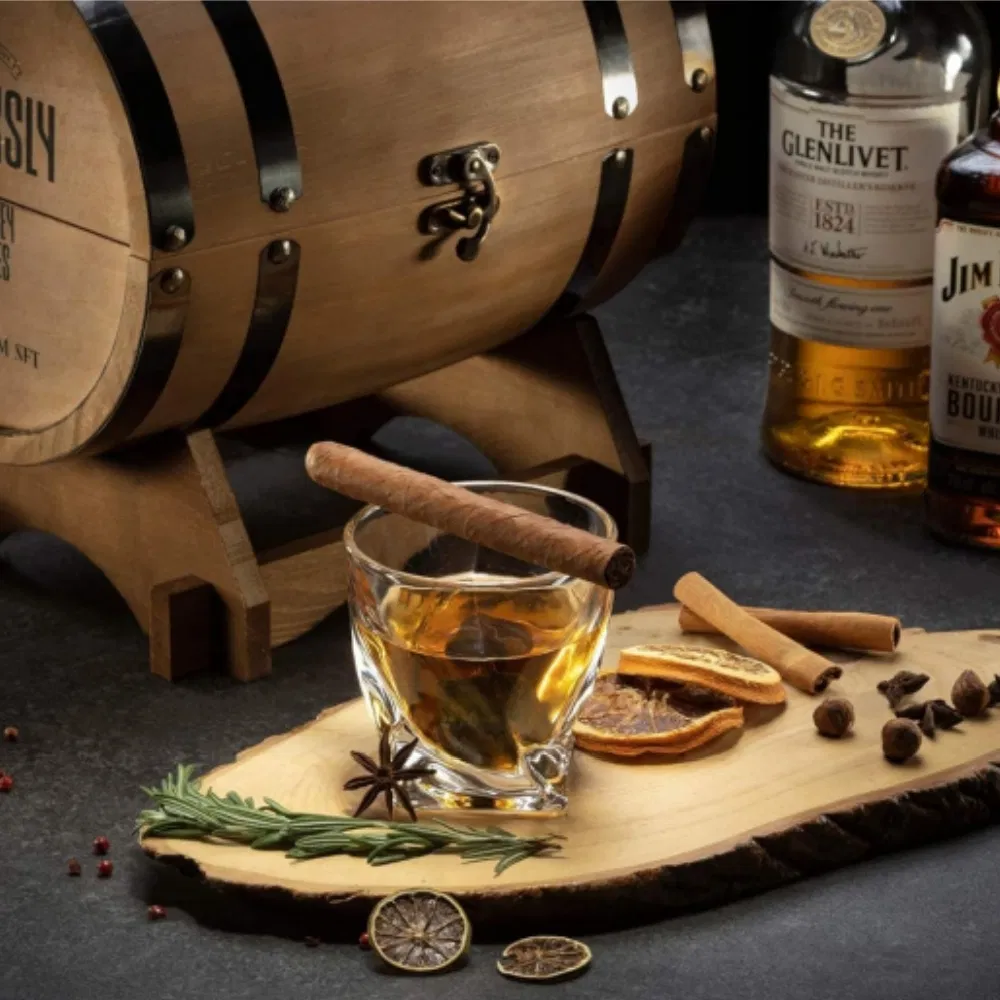 Personalized 300ml Custom Twisted Whisky Glass Gift Set with 6 Granite Whiskey Rocks in Wooden Barrel Box
