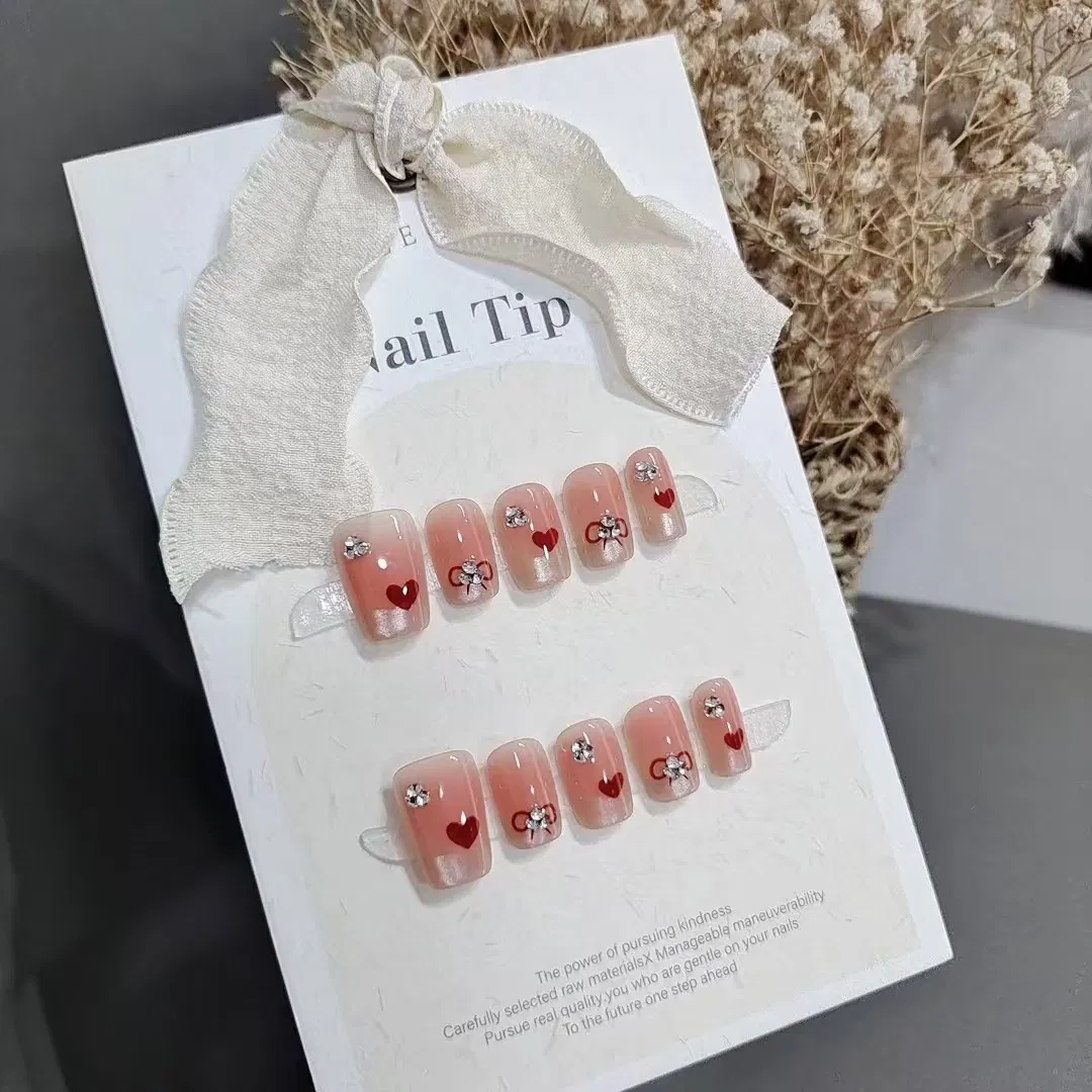 Wearing 10 Pieces of Handmade Sweet Crystal French White Fake Nails