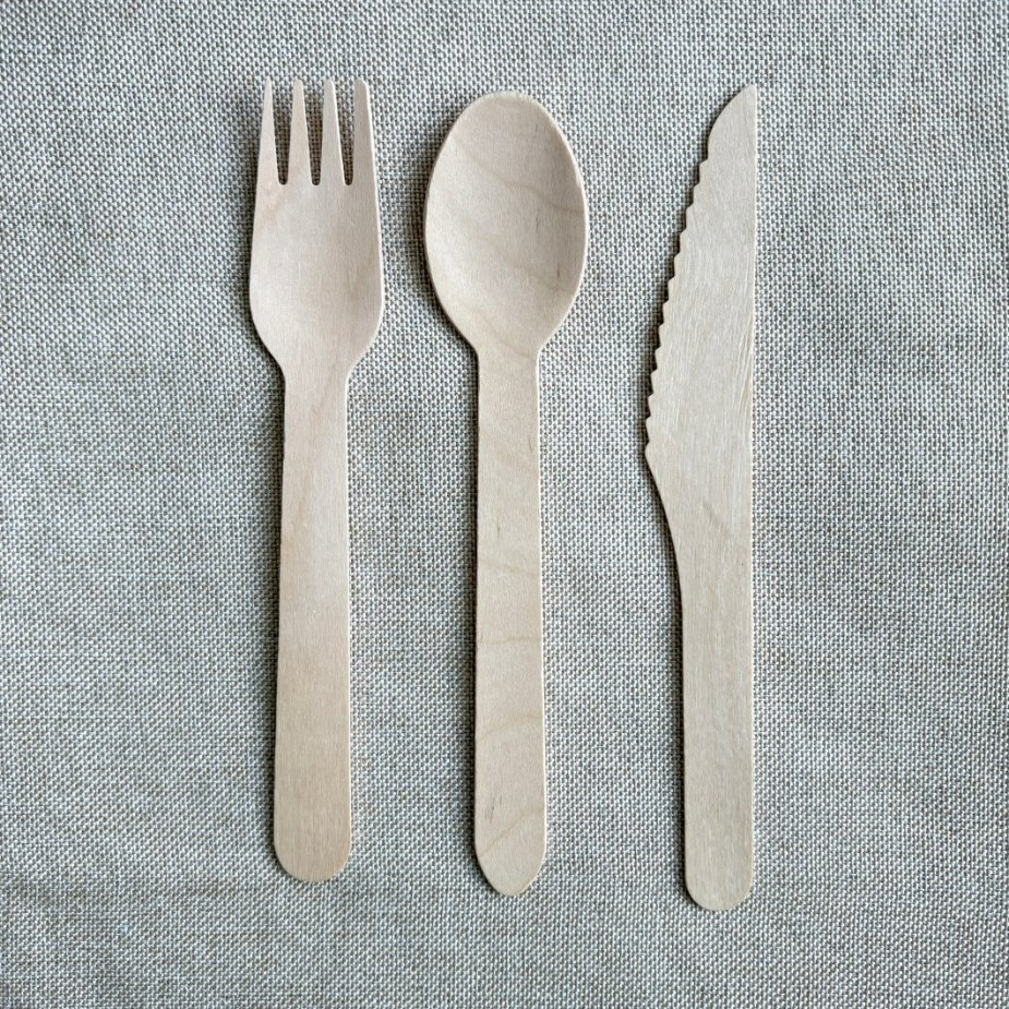 Disposable Biodegradable Flatware Including Spoon Fork Knife Made From Birch Wood