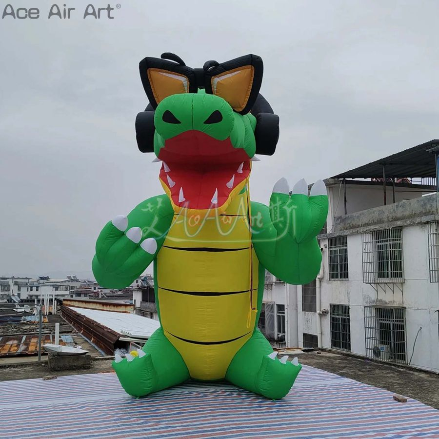 5m H Inflatable Crocodile Cartoon Model Water Animal Wearing Headphones for Festival Decoration or Advertisement