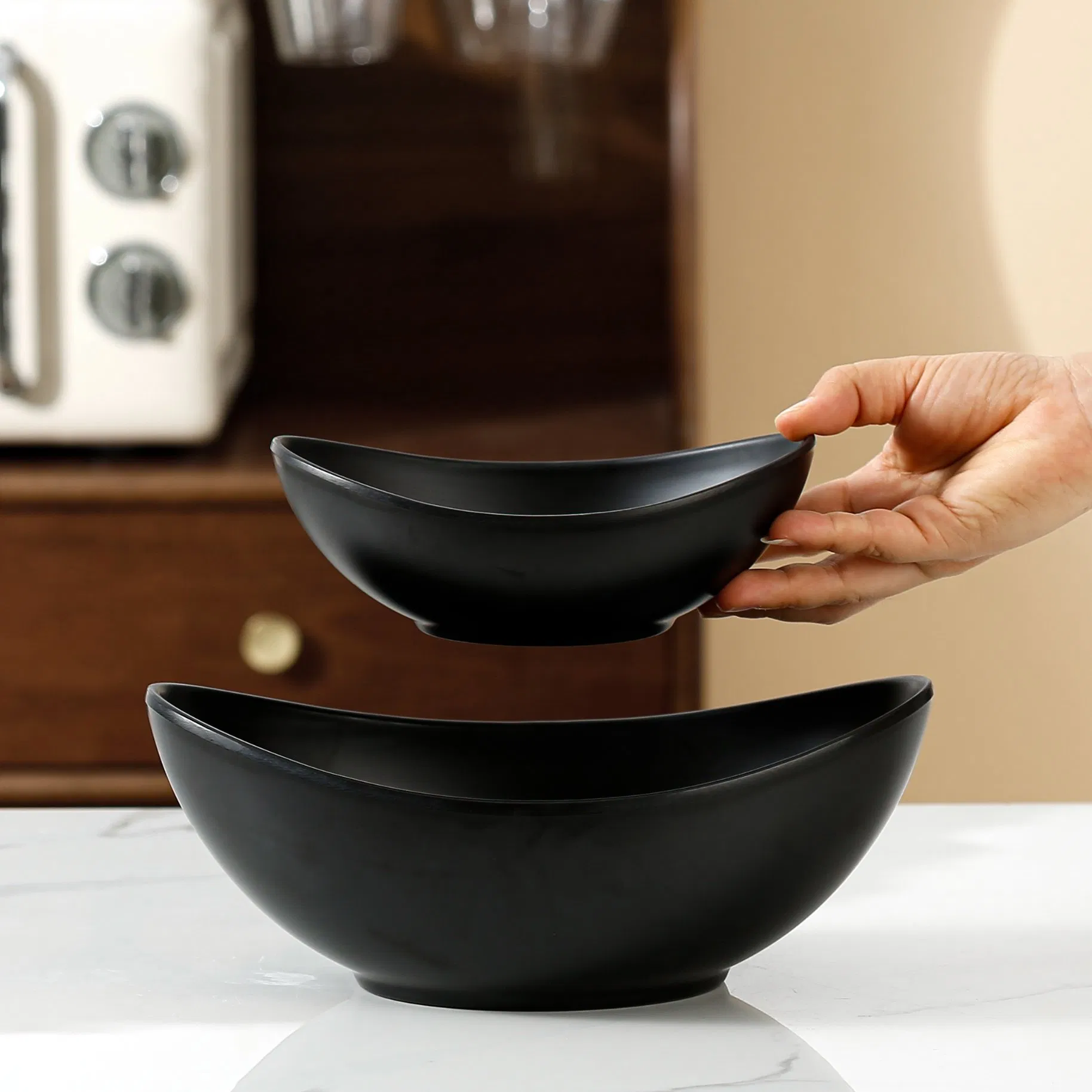 Black Matt Melamine Bowl Modern Nordic Oval Shaped Plastic Bowl Melamine Oval Bowl
