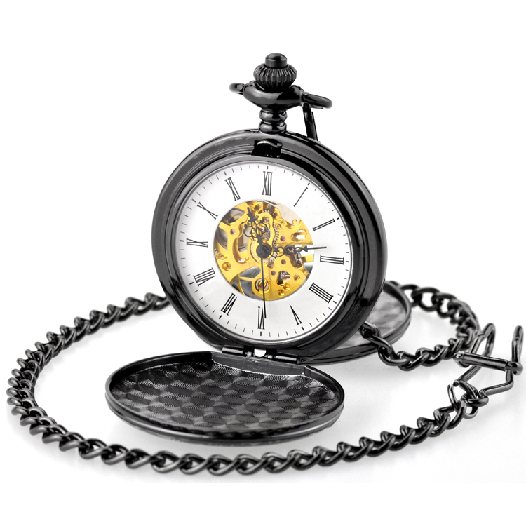 Engraved Black Mechanical Skeleton Pocket Watch with Chain